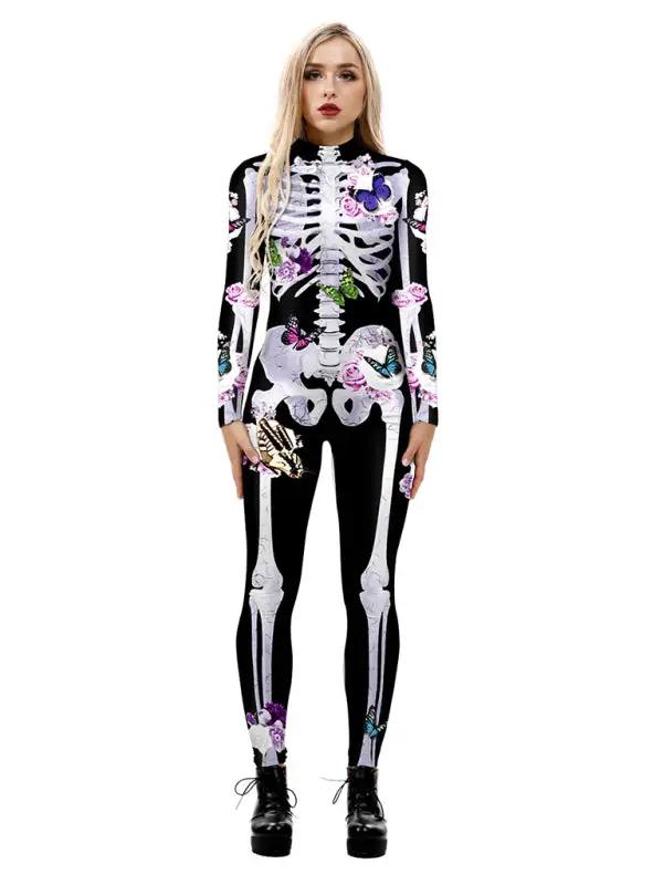 Combinaison Halloween pour femmes avec impression de squelette | Manches longues & Une pièce