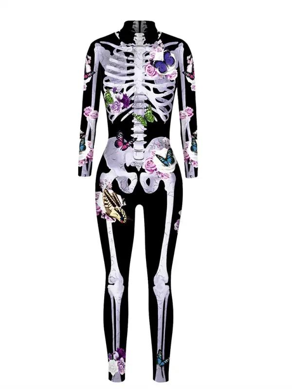 Combinaison Halloween pour femmes avec impression de squelette | Manches longues & Une pièce