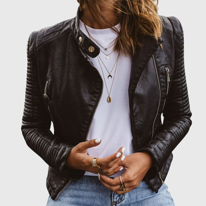 Veste de motard pour femmes cintrée avec fermeture éclair, coupe élégante, en cuir véritable
