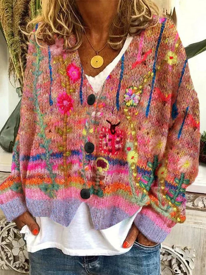Cardigan pour femmes avec motif floral rétro et patte de boutonnage Design tricot coloré