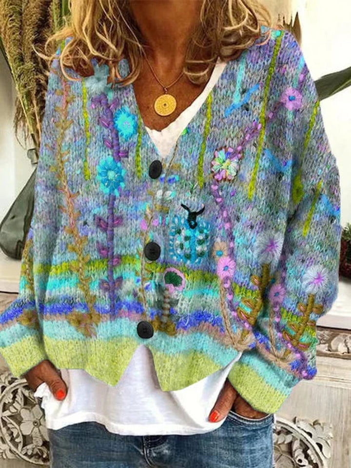 Cardigan pour femmes avec motif floral rétro et patte de boutonnage Design tricot coloré