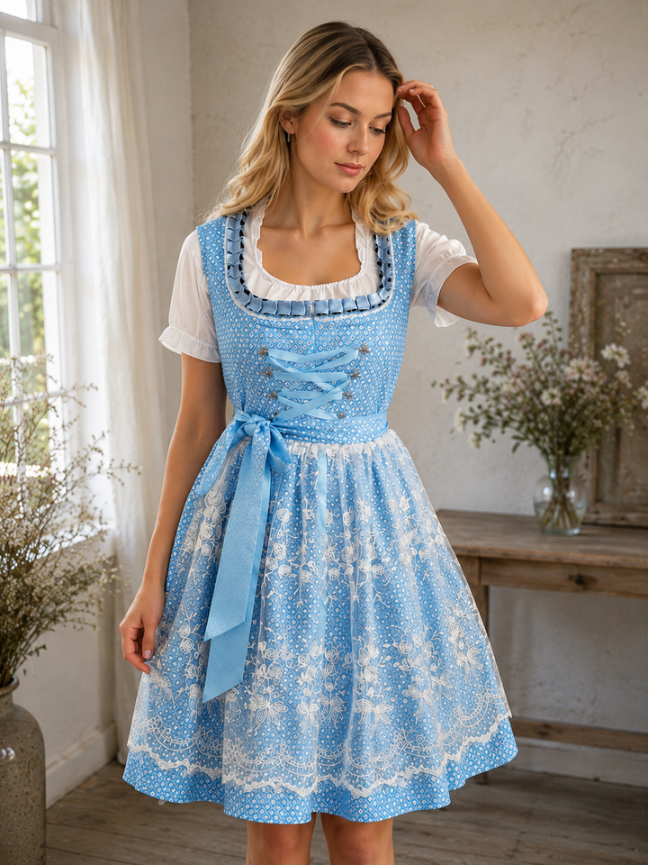 Dirndl pour femmes avec corsage à lacets, jupe plissée et tablier transparent en bleu