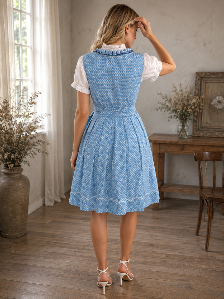 Dirndl pour femmes avec corsage à lacets, jupe plissée et tablier transparent en bleu