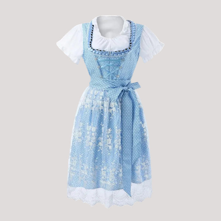 Dirndl pour femmes avec corsage à lacets, jupe plissée et tablier transparent en bleu