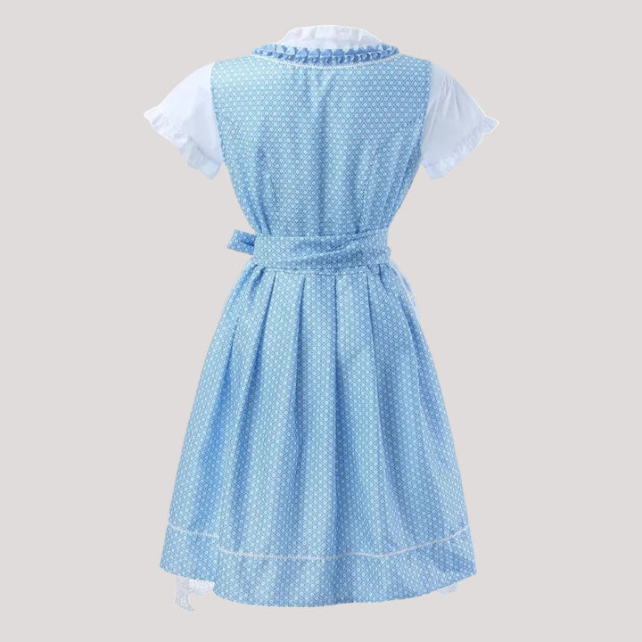 Dirndl pour femmes avec corsage à lacets, jupe plissée et tablier transparent en bleu