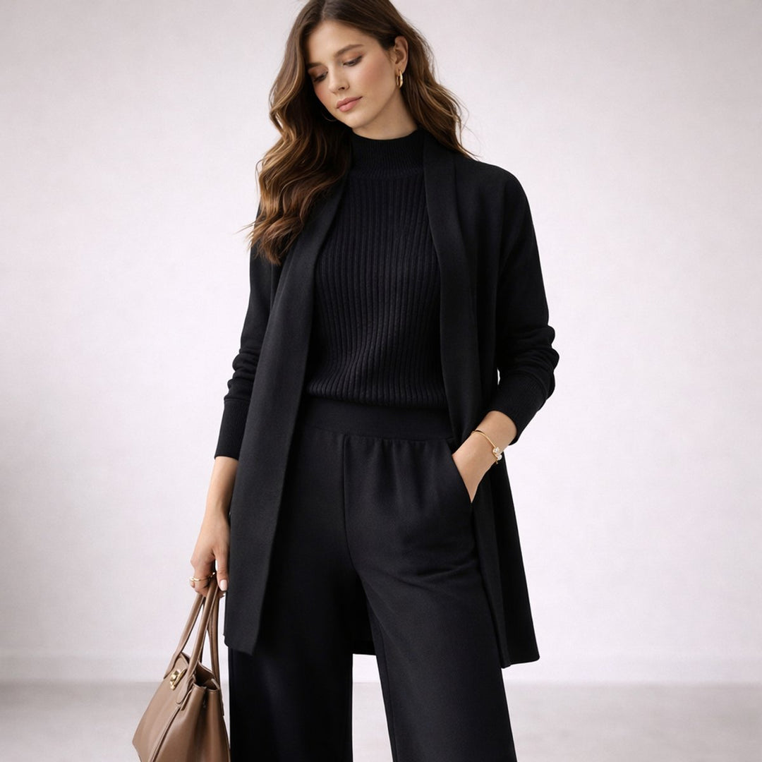 Ensemble de Loungewear Tricot à Trois Pièces pour Femmes avec Cardigan Long, Confortable et Élégant