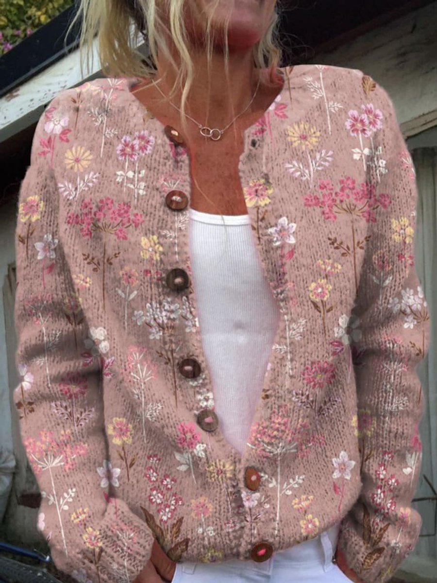 Cardigan en tricot à manches longues pour femmes avec motif floral Look romantique et féminin