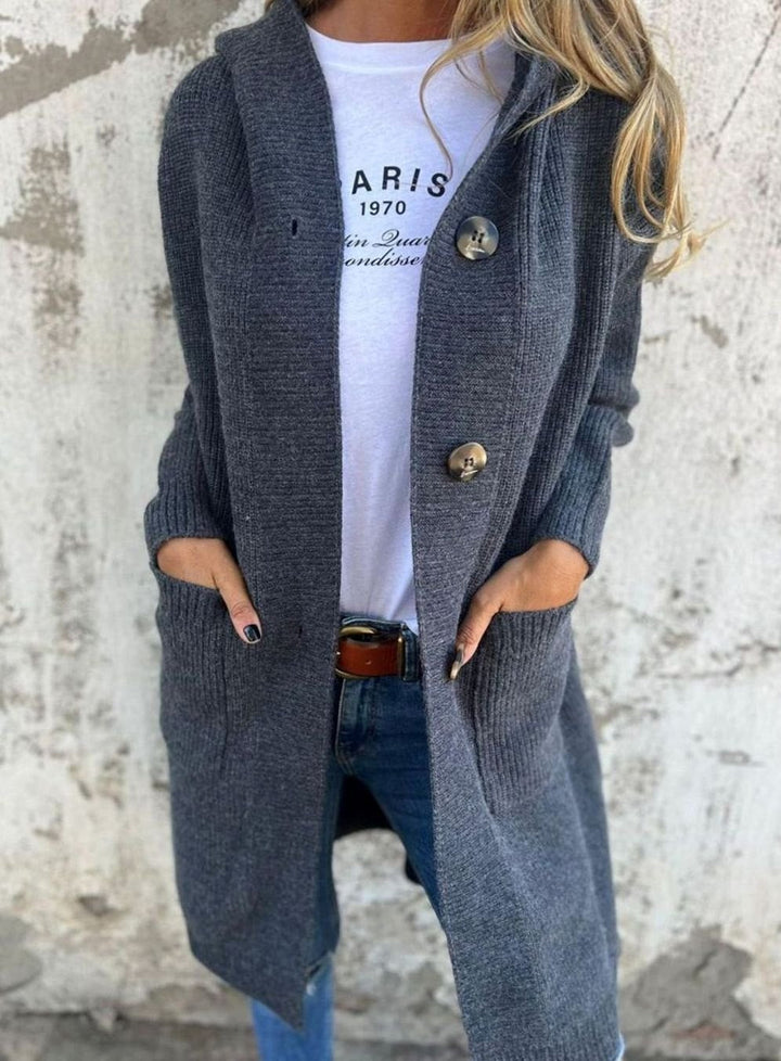 Manteau long en tricot pour femmes avec capuche et patte de boutonnage Cardigan élégant pour l'automne et la mi-saison