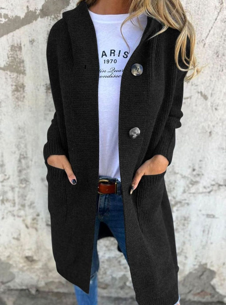 Manteau long en tricot pour femmes avec capuche et patte de boutonnage Cardigan élégant pour l'automne et la mi-saison