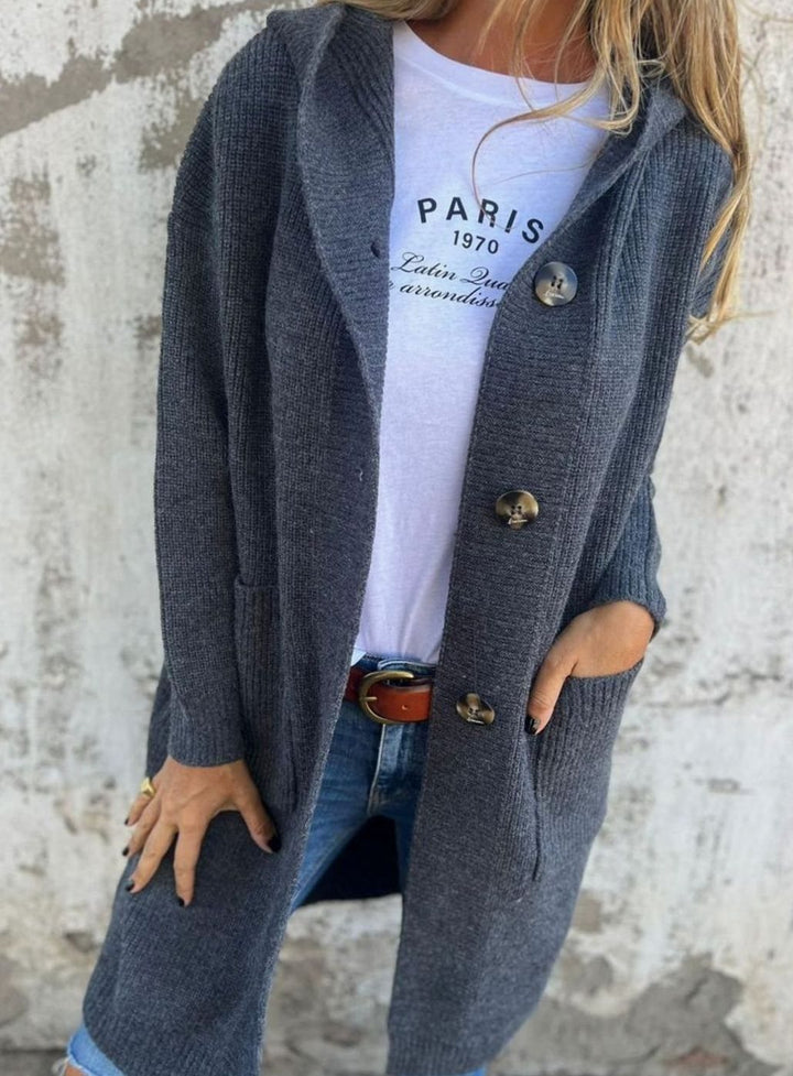 Manteau long en tricot pour femmes avec capuche et patte de boutonnage Cardigan élégant pour l'automne et la mi-saison