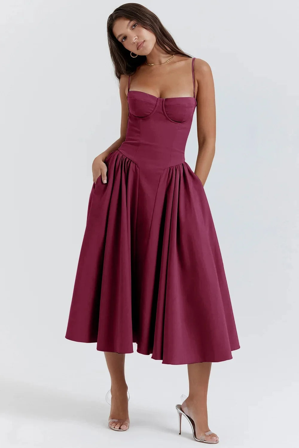 Robe midi A-ligne sans manches pour femme