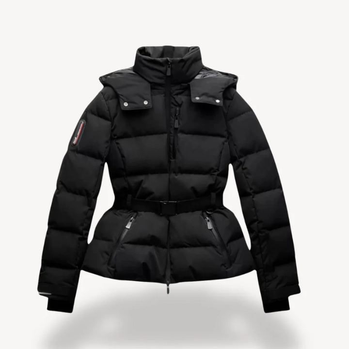 Veste matelassée avec ceinture et capuche pour femmes – Manteau d'hiver déperlant avec col haut et poignets réglables