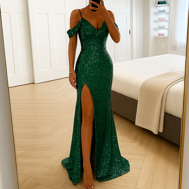 Robe Maxi Glamour Sans Épaules Pour Femmes Avec Paillettes Pour Fêtes