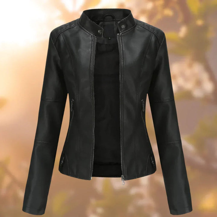Veste de motard slim-fit pour femmes avec col montant et fermeture éclair – Veste en simili cuir cintrée