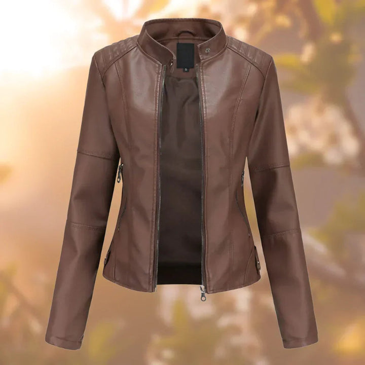 Veste de motard slim-fit pour femmes avec col montant et fermeture éclair – Veste en simili cuir cintrée
