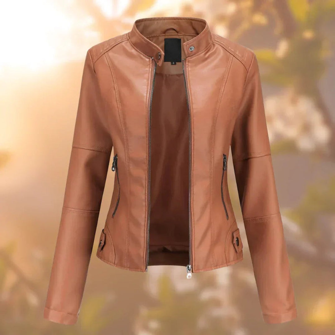 Veste de motard slim-fit pour femmes avec col montant et fermeture éclair – Veste en simili cuir cintrée