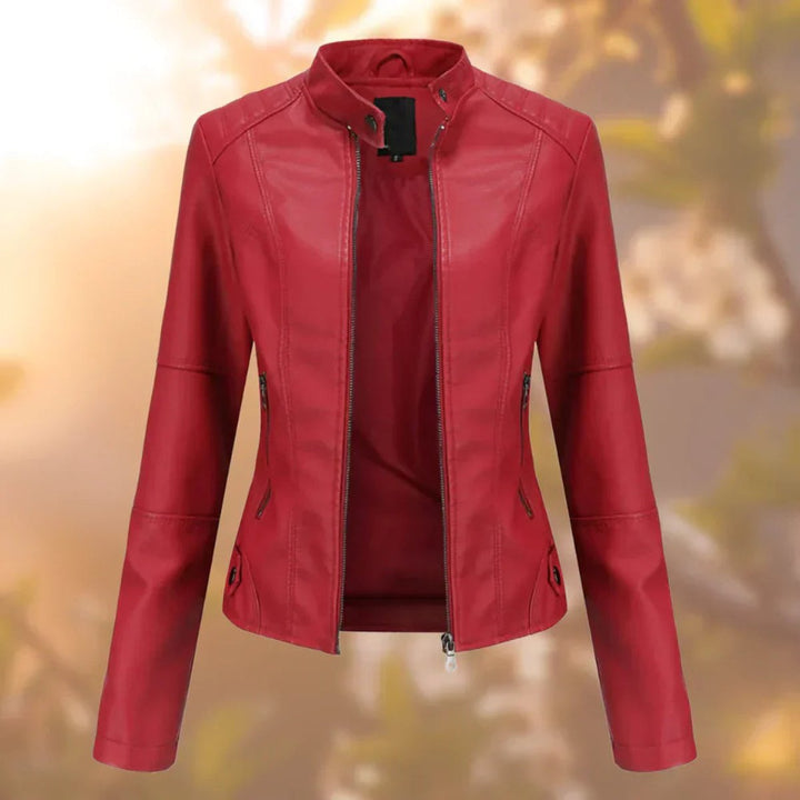 Veste de motard slim-fit pour femmes avec col montant et fermeture éclair – Veste en simili cuir cintrée