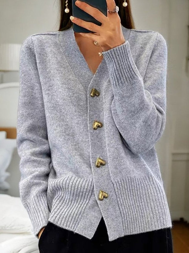 Cardigan en maille pour femmes avec décolleté en V, coupe relaxe, boutons en forme de cœur, élégant et polyvalent