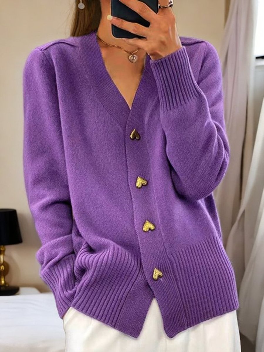 Cardigan en maille pour femmes avec décolleté en V, coupe relaxe, boutons en forme de cœur, élégant et polyvalent