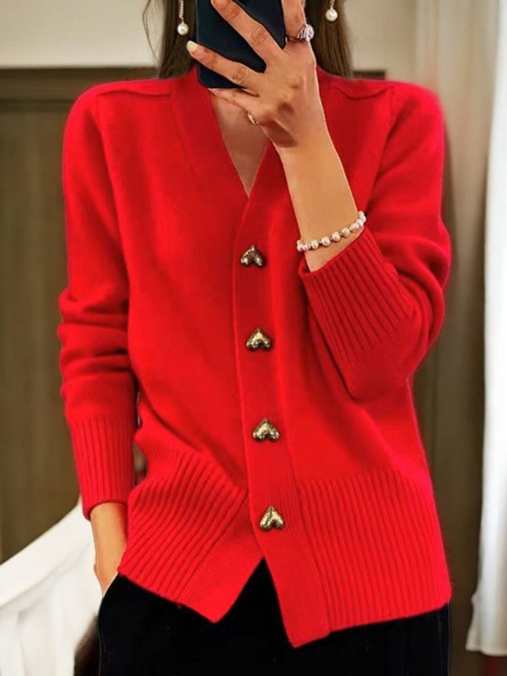 Cardigan en maille pour femmes avec décolleté en V, coupe relaxe, boutons en forme de cœur, élégant et polyvalent