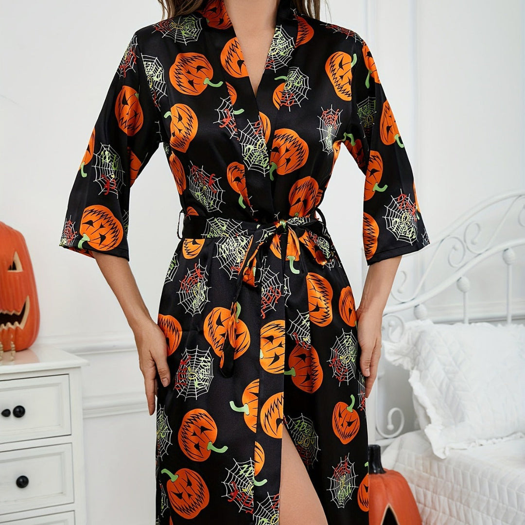 Peignoir d'Halloween pour femmes avec imprimé citrouille | Ceinture à la taille & manches 3/4