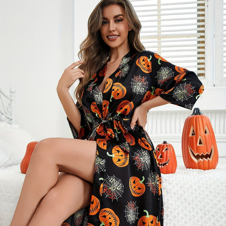 Peignoir d'Halloween pour femmes avec imprimé citrouille | Ceinture à la taille & manches 3/4