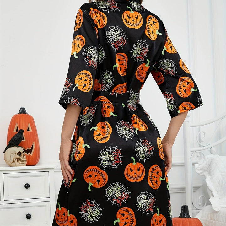 Peignoir d'Halloween pour femmes avec imprimé citrouille | Ceinture à la taille & manches 3/4
