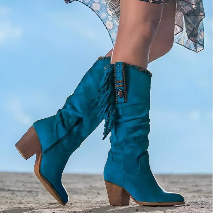 Bottes Western pour femmes hauteur genou avec franges et talon bloc – Look Boho stylé