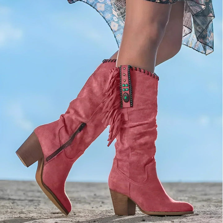 Bottes Western pour femmes hauteur genou avec franges et talon bloc – Look Boho stylé