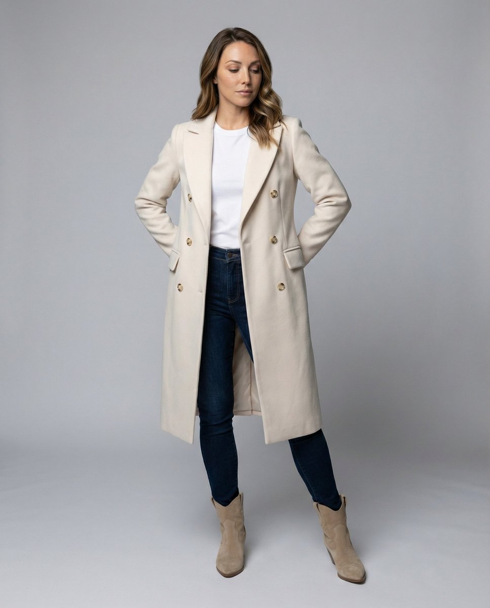 Manteau d'hiver long à double boutonnage pour femmes, longueur genou avec boutons dorés, coupe élégante