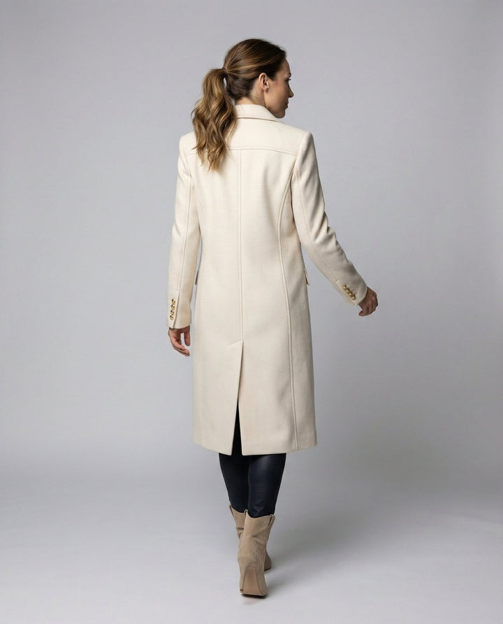 Manteau d'hiver long à double boutonnage pour femmes, longueur genou avec boutons dorés, coupe élégante