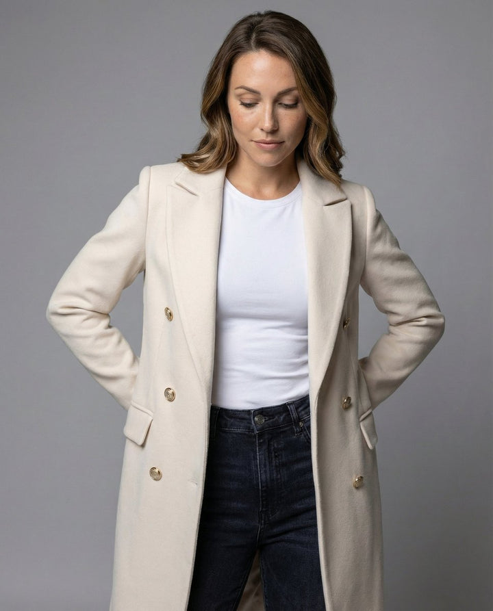Manteau d'hiver long à double boutonnage pour femmes, longueur genou avec boutons dorés, coupe élégante