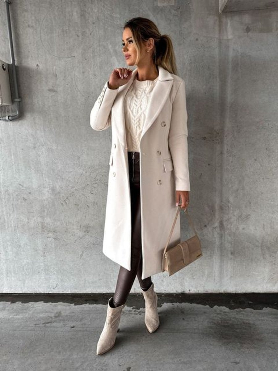 Manteau d'hiver long à double boutonnage pour femmes, longueur genou avec boutons dorés, coupe élégante