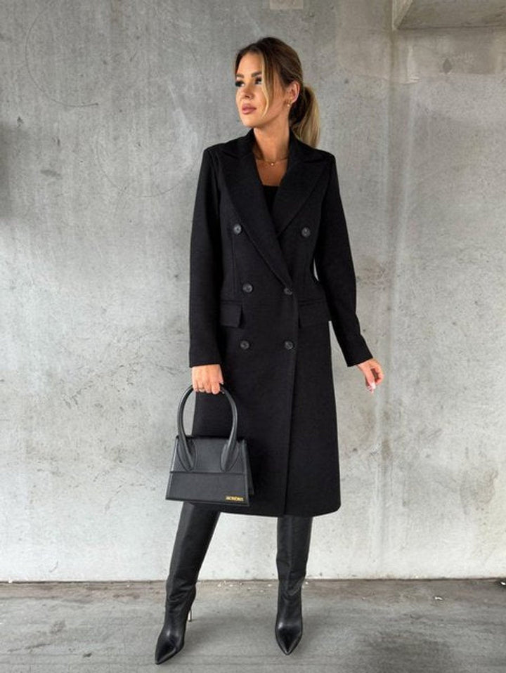 Manteau d'hiver long à double boutonnage pour femmes, longueur genou avec boutons dorés, coupe élégante