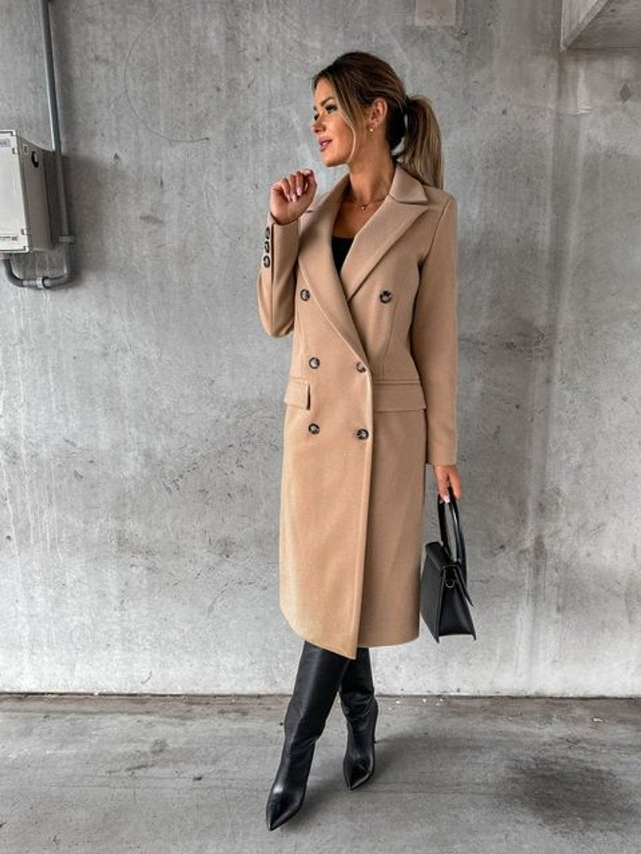 Manteau d'hiver long à double boutonnage pour femmes, longueur genou avec boutons dorés, coupe élégante