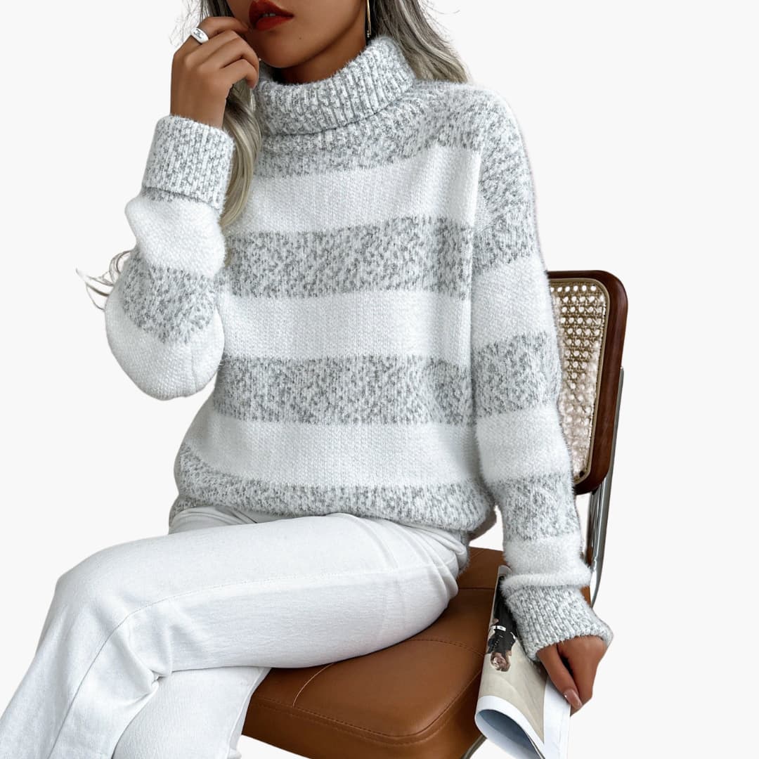 Pull femme avec col roulé et motif rayé