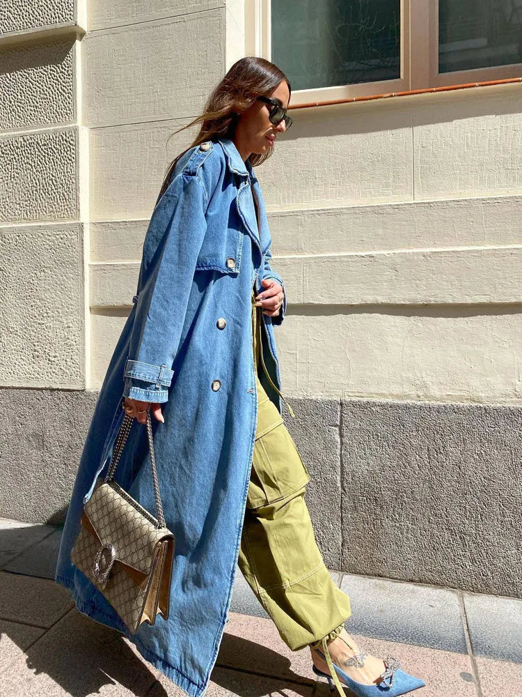 Manteau Trench Long pour Femmes avec Ceinture | Bleu