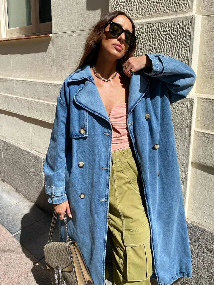 Manteau Trench Long pour Femmes avec Ceinture | Bleu
