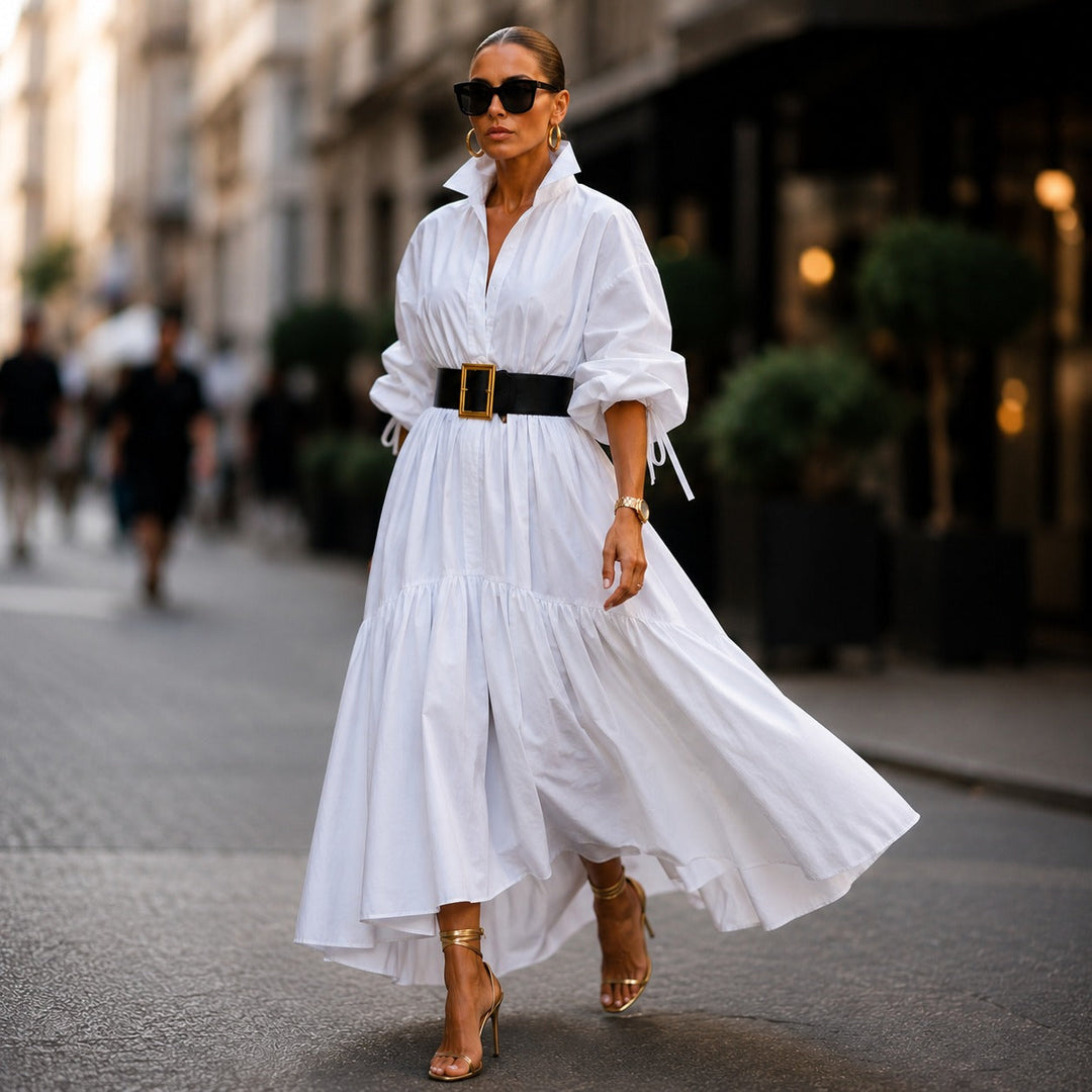 Robe midi Annelie™ avec col chemise, manches amples et coupe fluide