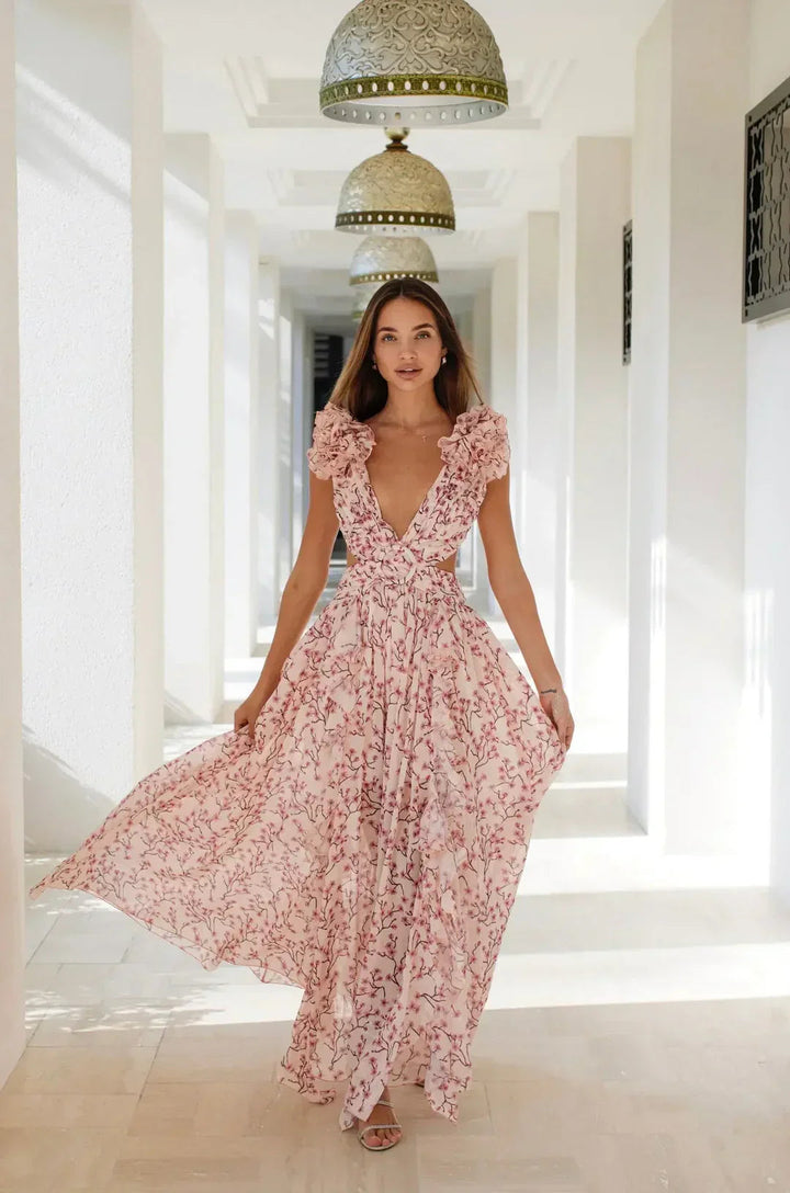 Daniela | Robe maxi avec décolleté à volants pour occasions élégantes