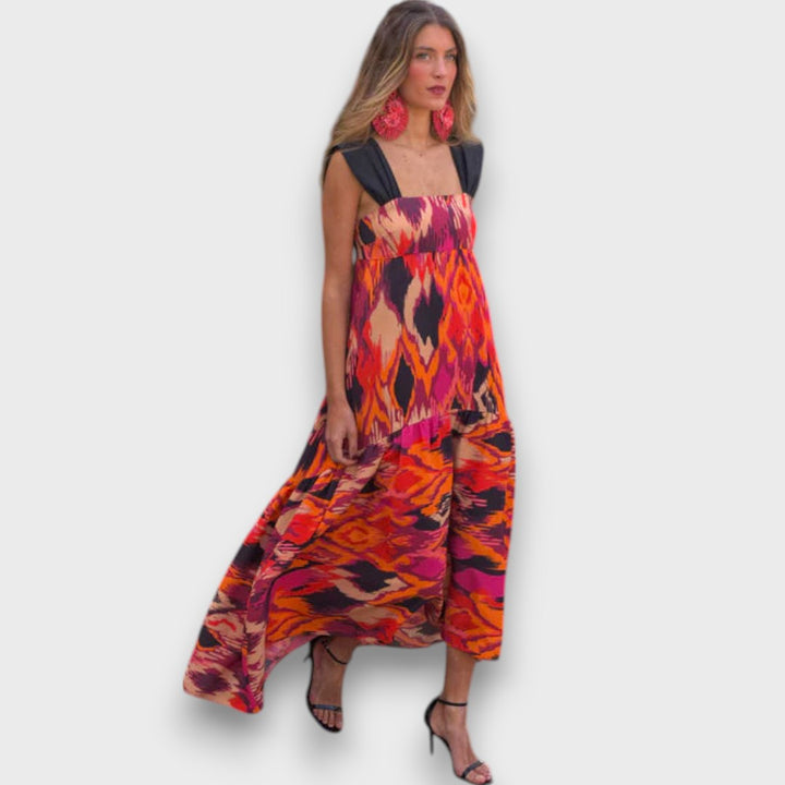 Naiara – Robe maxi avec imprimé ethnique et bretelles statement