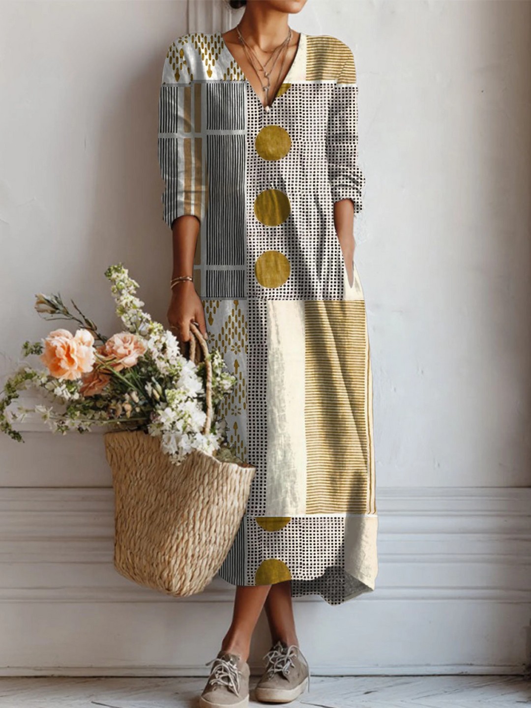 Robe tunique vintage pour femmes avec impression artistique géométrique abstraite