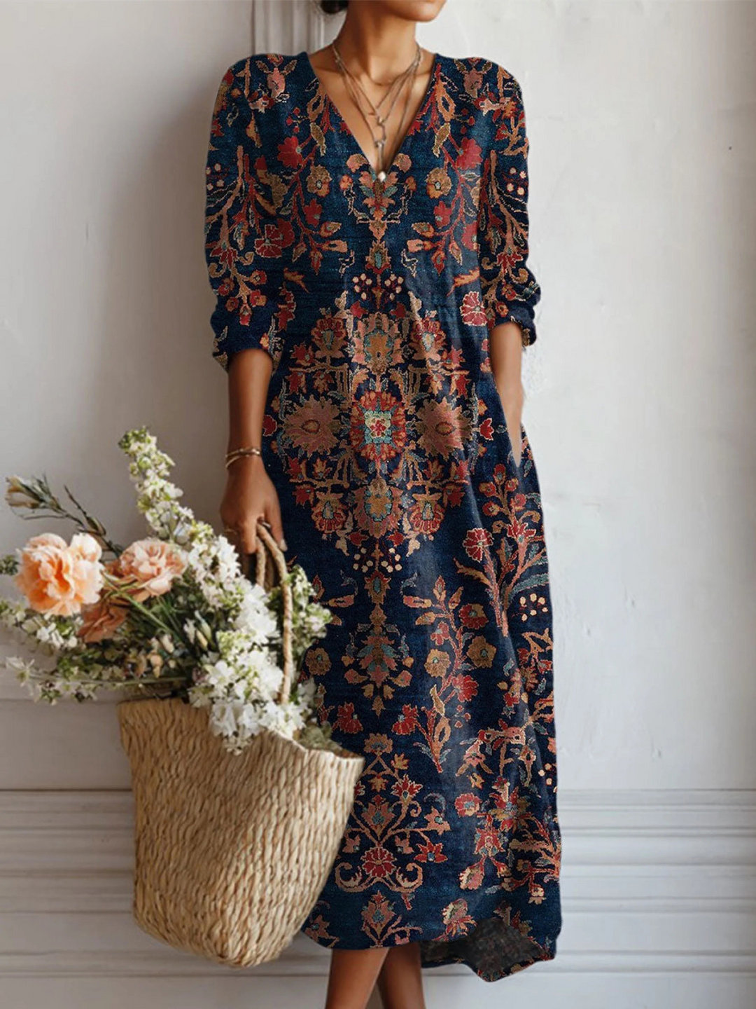 Robe tunique vintage à motifs floraux pour femmes
