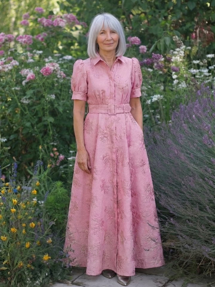 Xanthea | Robe maxi à manches courtes, cintrée, à texture florale
