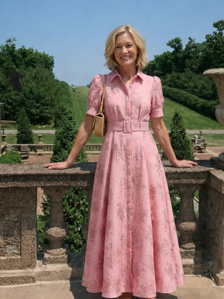 Xanthea | Robe maxi à manches courtes, cintrée, à texture florale