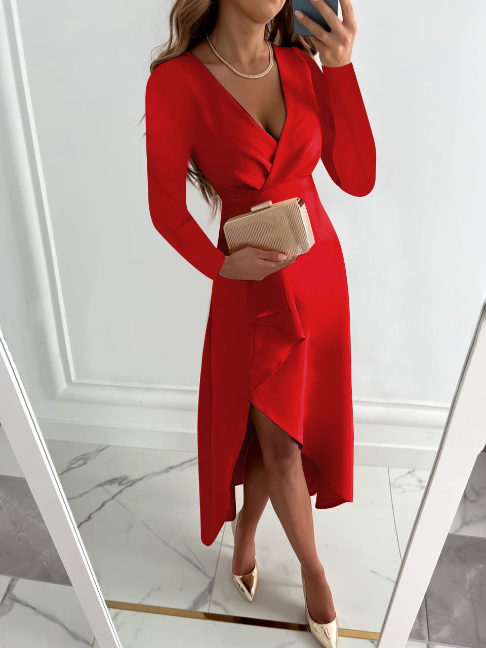 Robe Midi Élégante Femme Cintrée à Col V