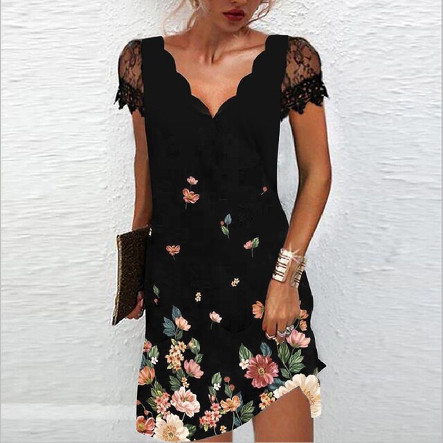 Nadine | Robe Mini Femme Décolleté en V Manches en Dentelle