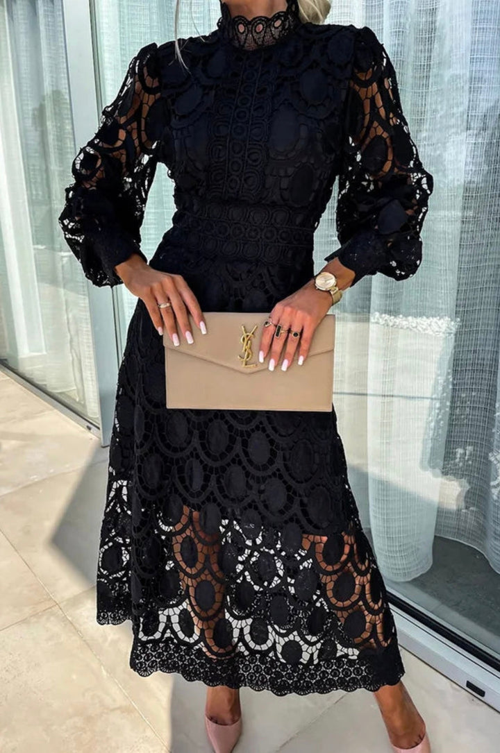 ELORA - Robe midi en dentelle à col montant
