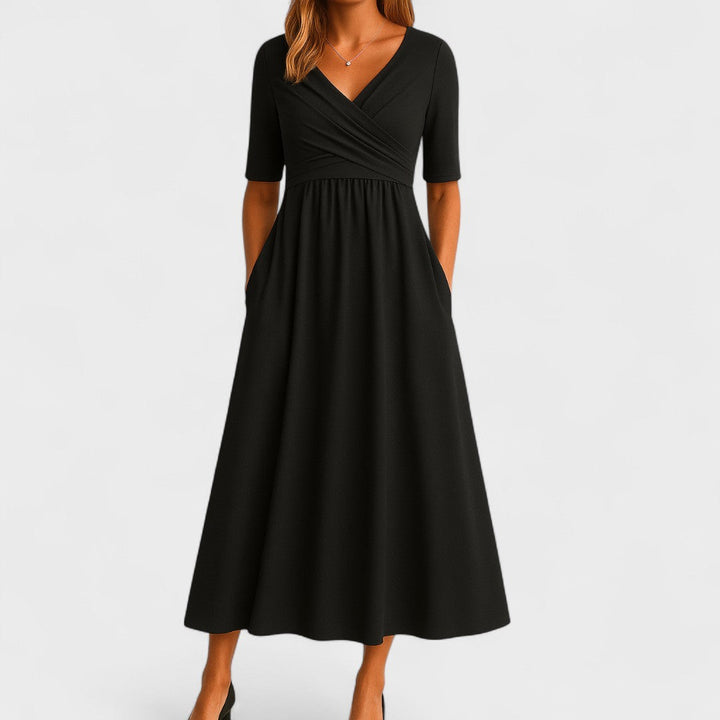 Robe midi élégante pour femmes - Décolleté en V, manches 3/4, poches pratiques