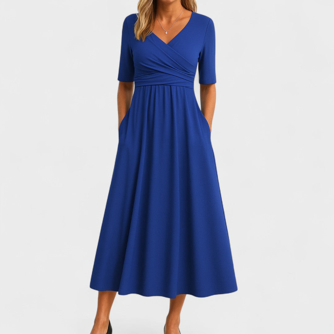 Robe midi élégante pour femmes - Décolleté en V, manches 3/4, poches pratiques